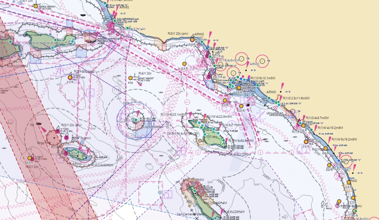 The Sailing SoCal web app showing the whole Southern California Bight on a nautical chart — the Channel Islands, Catalina, San Clemente Island, lights, depth contours, and Navy range areas.